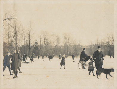 879315 Afbeelding van schaatsende en wandelende mensen op een ijsbaan, vermoedelijk in het Wilhelminapark te Utrecht, ...